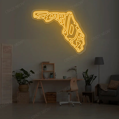FLORIDA Map Neon Sign lighting up in orange color in a room