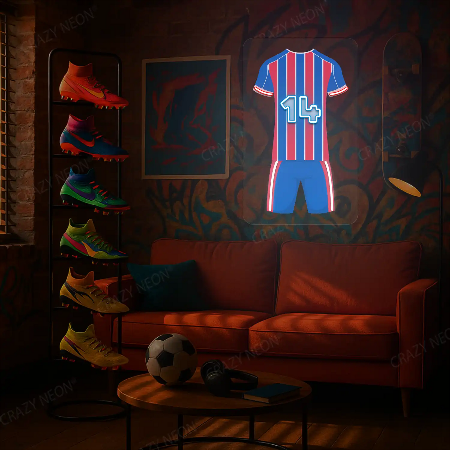 Red and blue striped football jersey neon artwork with number 14 glowing on a graffiti-covered wall