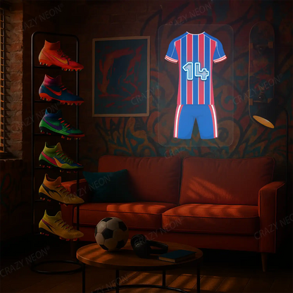 Red and blue striped football jersey neon artwork with number 14 glowing on a graffiti-covered wall