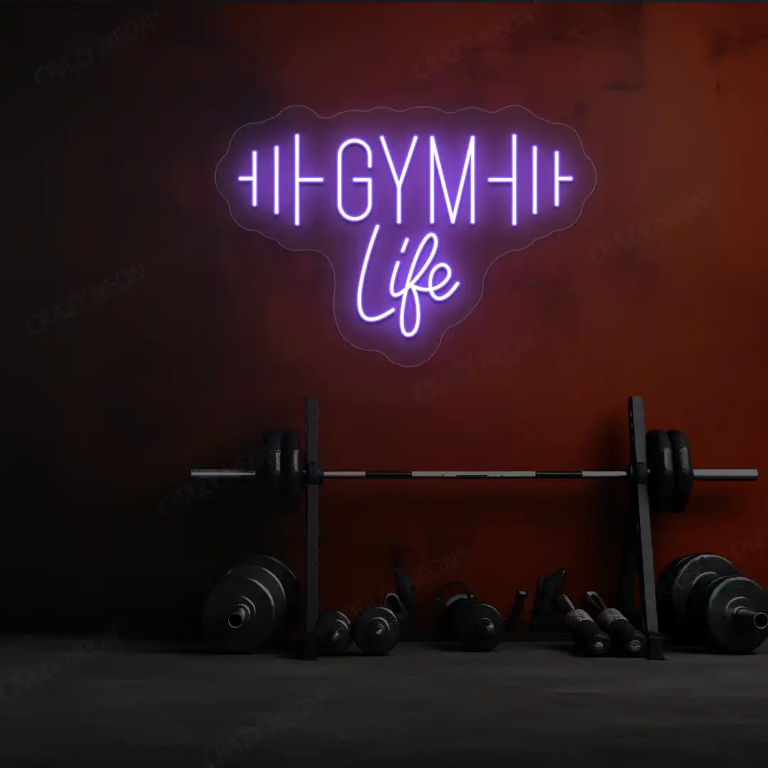 purple gym life neon sign mounted on a wall