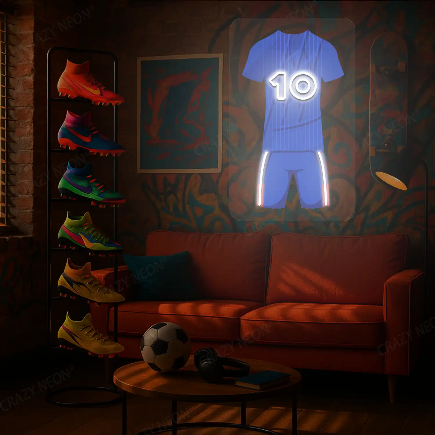 Blue football jersey neon artwork with number 10 glowing on a graffiti-decorated wall