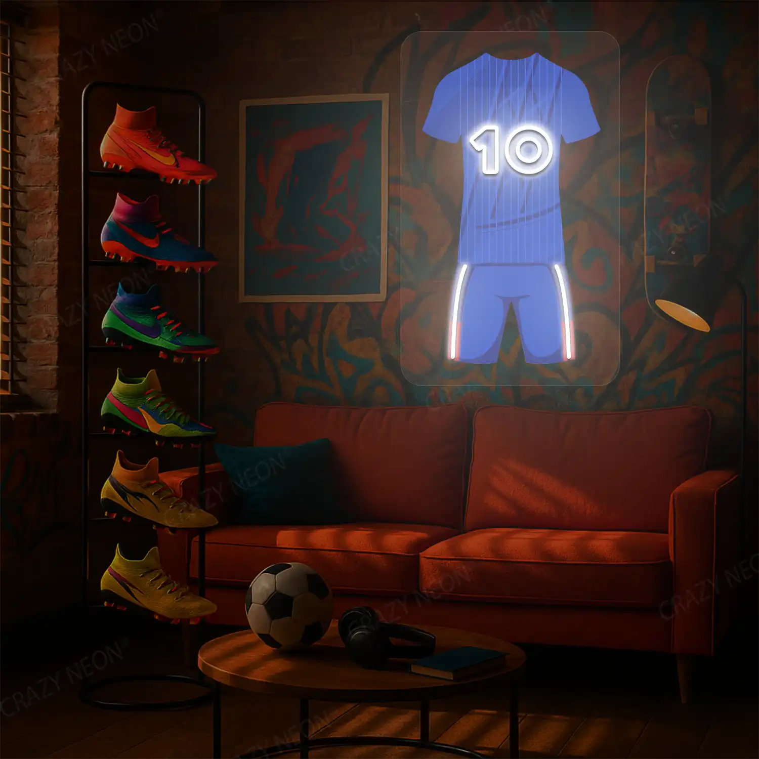 Blue football jersey neon artwork with number 10 glowing on a graffiti-decorated wall