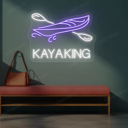 purple and white kayaking boat neon sign mounted on a wall