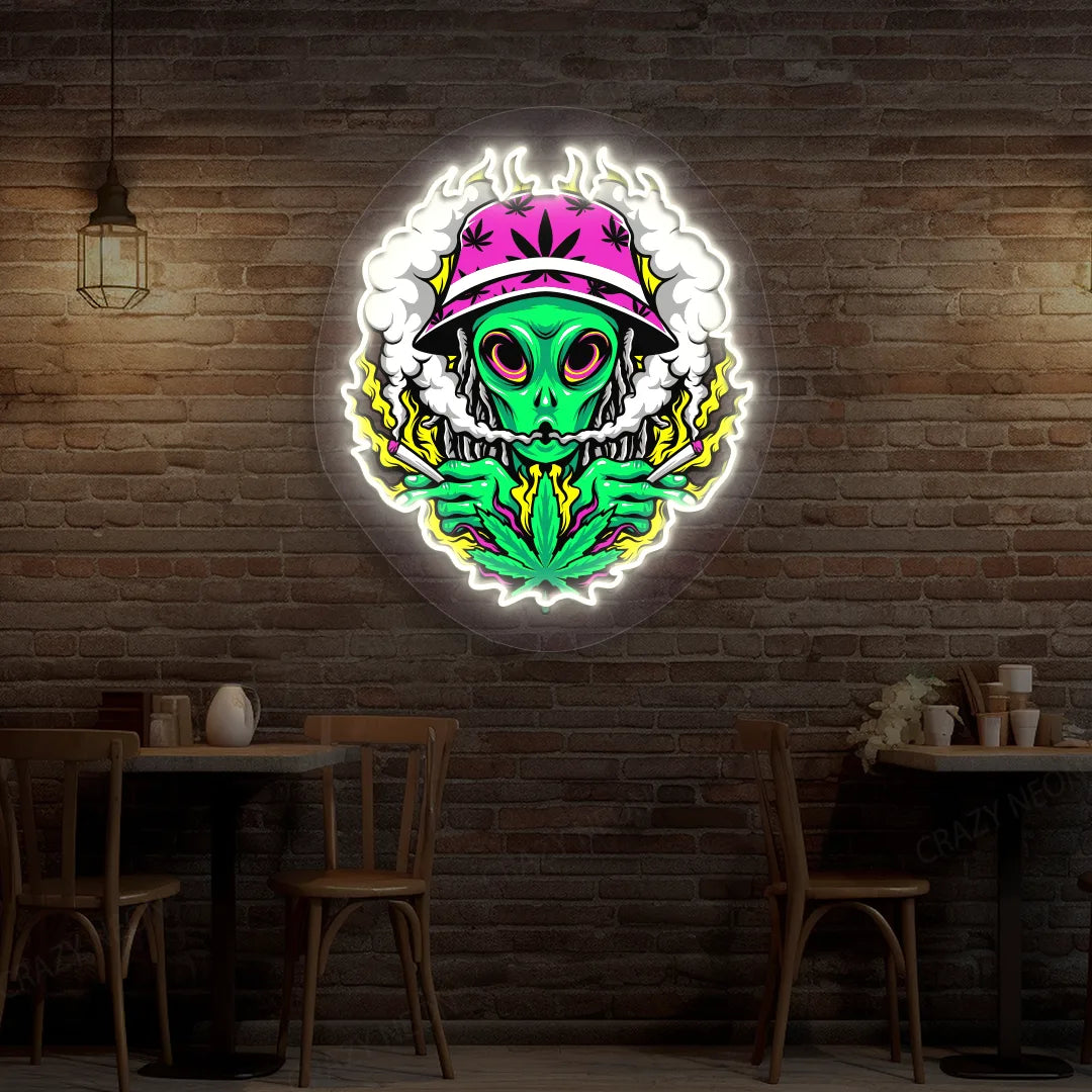 Alien Smoking Weed Neon Artwork in White color
