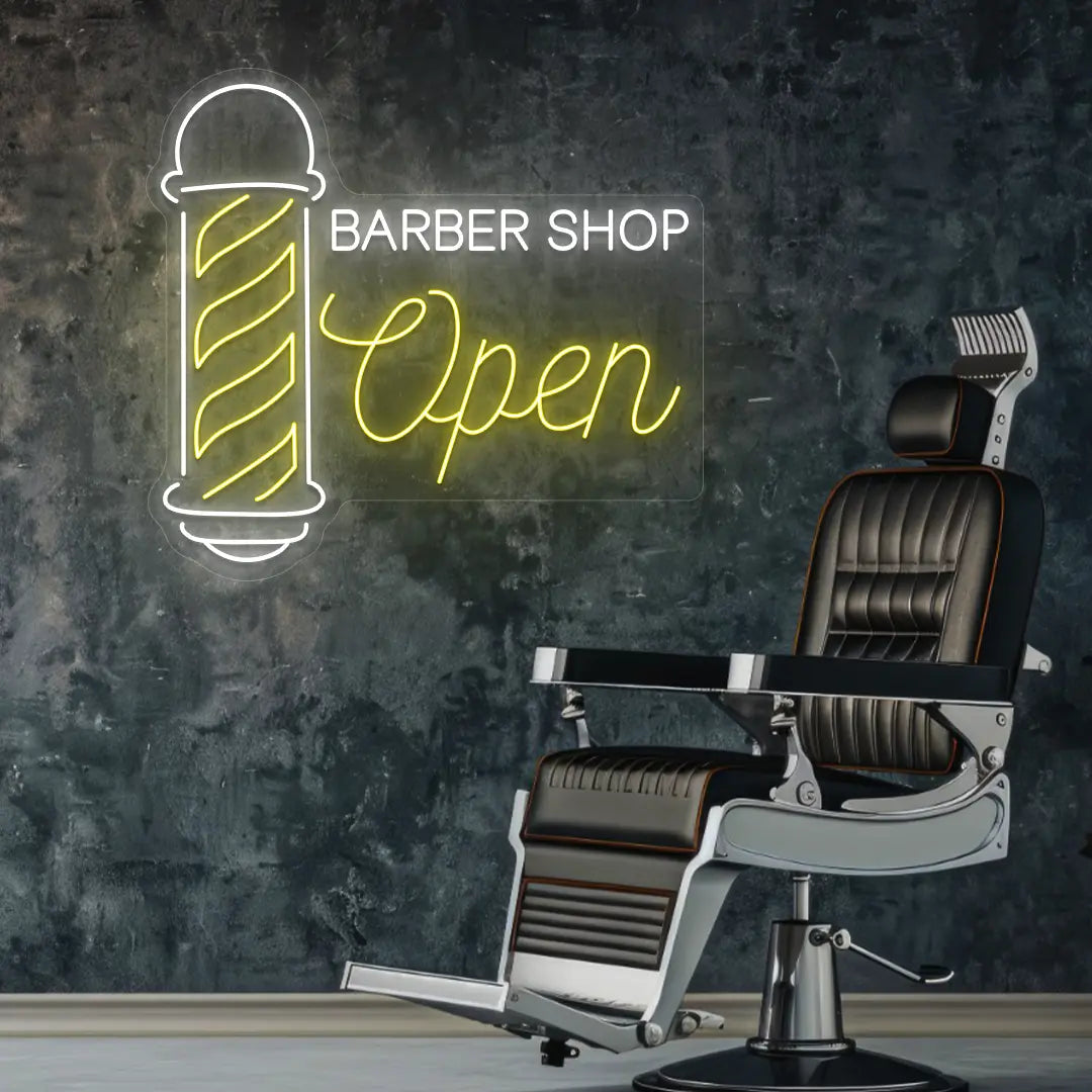 Barber Shop Open Neon Sign in Yellow color