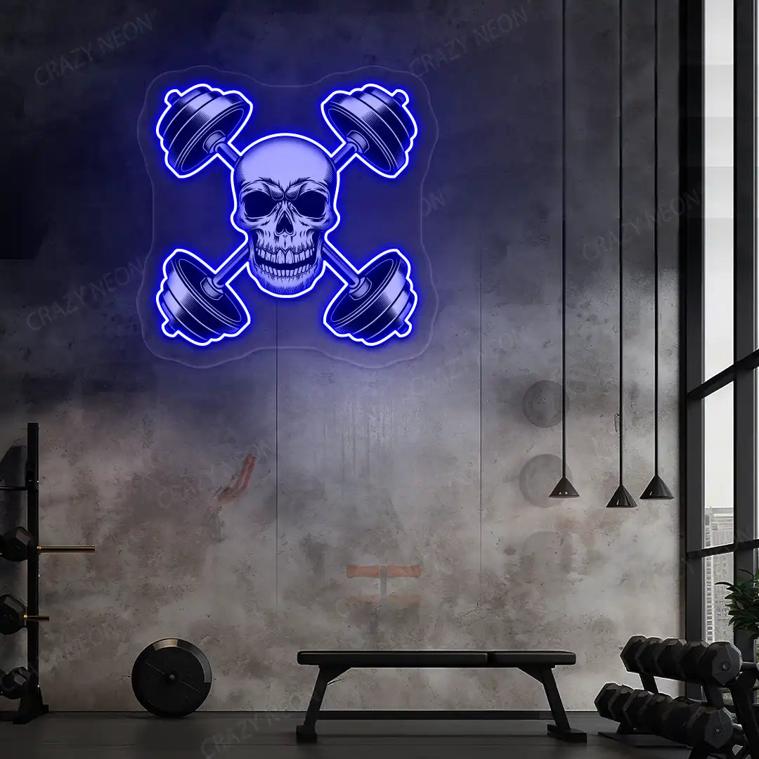 blue skull cross dumbbell gym neon artwork mounted on a wall