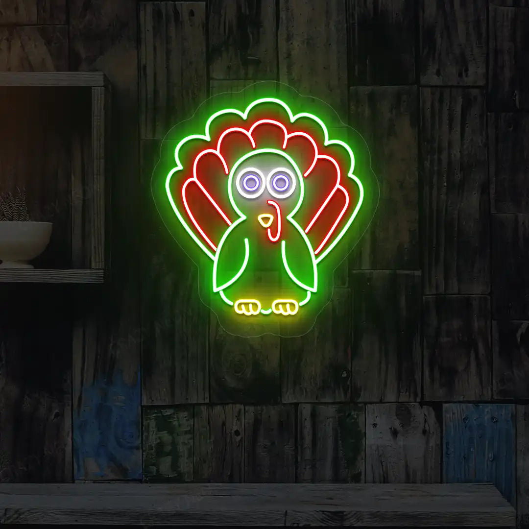 Vibrant thanksgiving turkey neon sign in green and red.