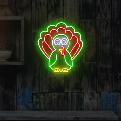 Vibrant thanksgiving turkey neon sign in green and red.