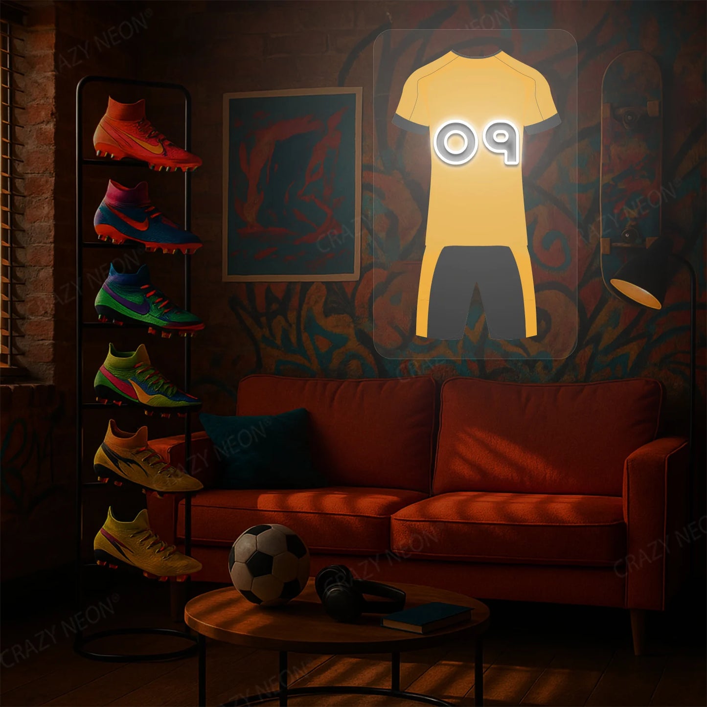 Yellow football jersey neon artwork with number 09 glowing on a wall