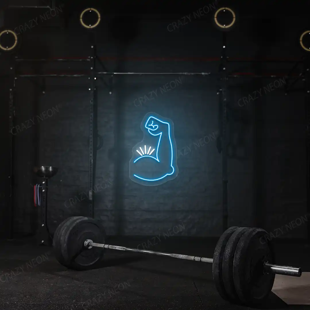 ice blue and white bicep pump neon sign mounted on a wall