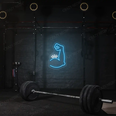 ice blue and white bicep pump neon sign mounted on a wall