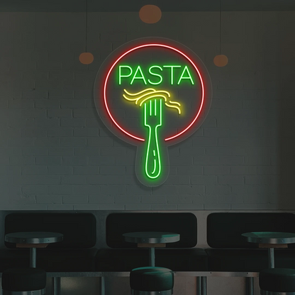 green yellow and red fork and pasta neon sign mounted on a wall