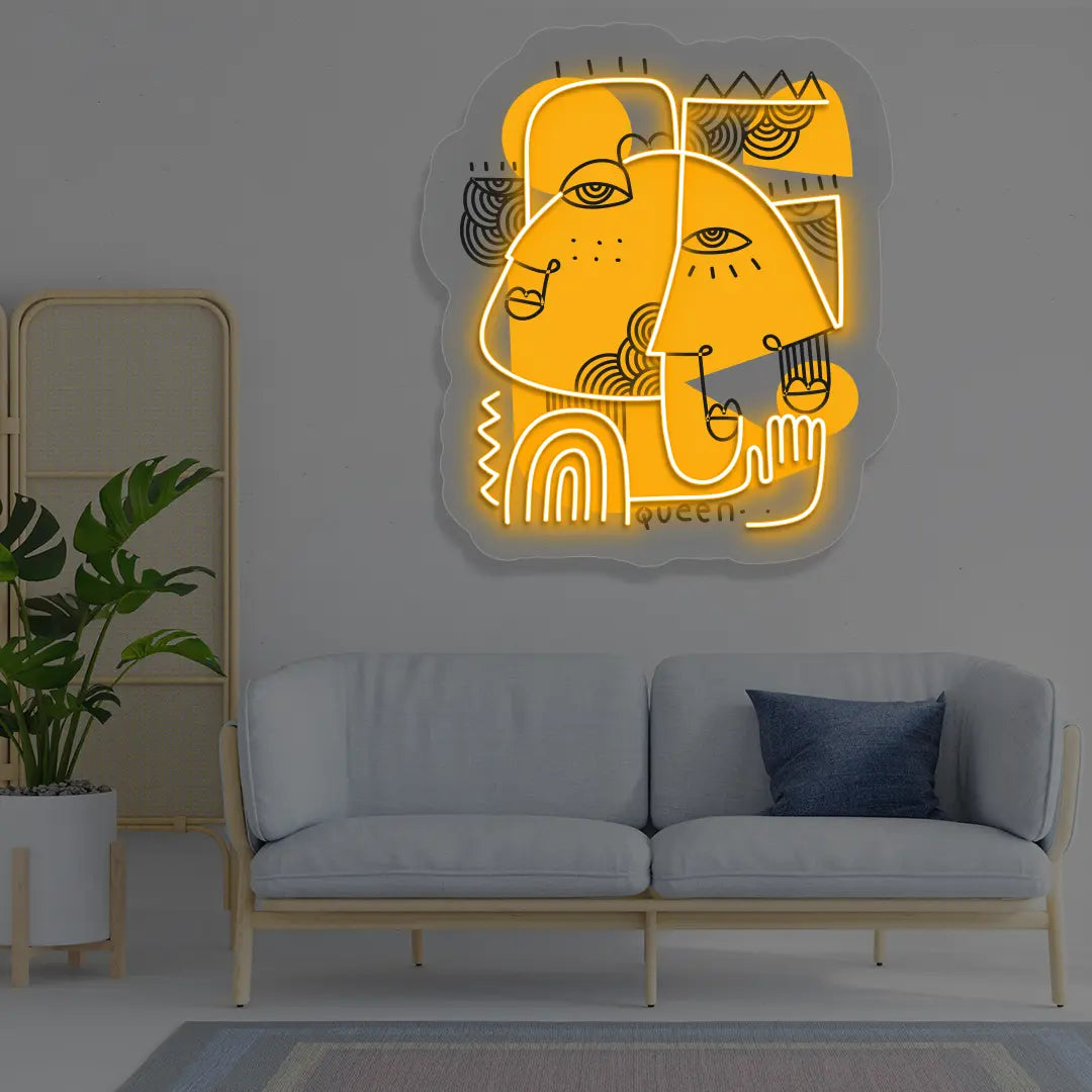orange golden muse abstract Neon Artwork Sign mounted on a wall