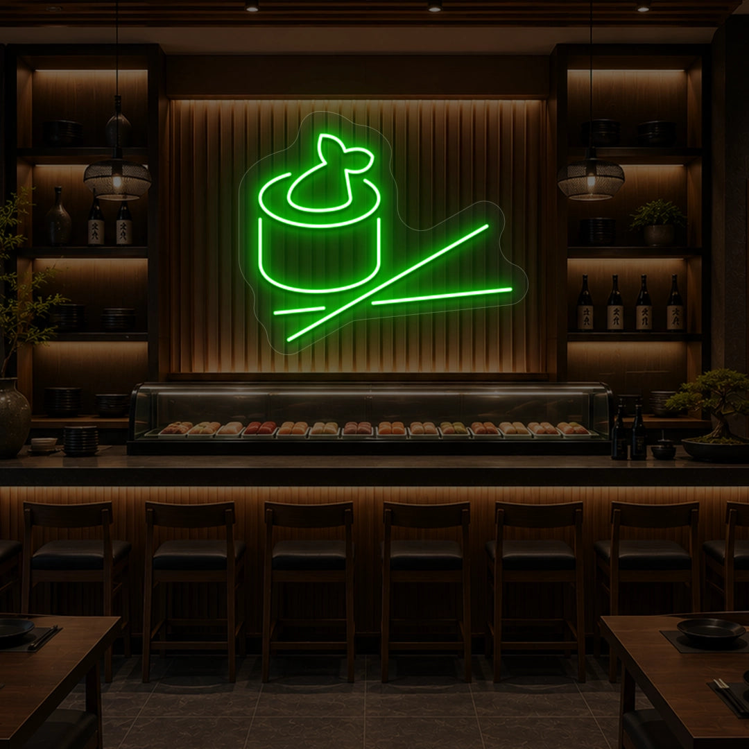 green chopstick charm vintage neon sign mounted on a wall
