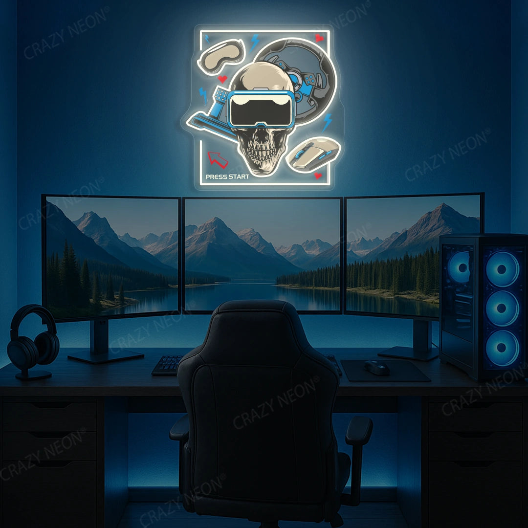 VR Skull Racer Gaming Neon Artwork in White color
