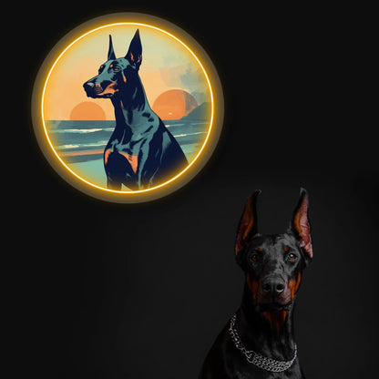 Twin Sunset Beach Doberman Neon Artwork in Orange Color