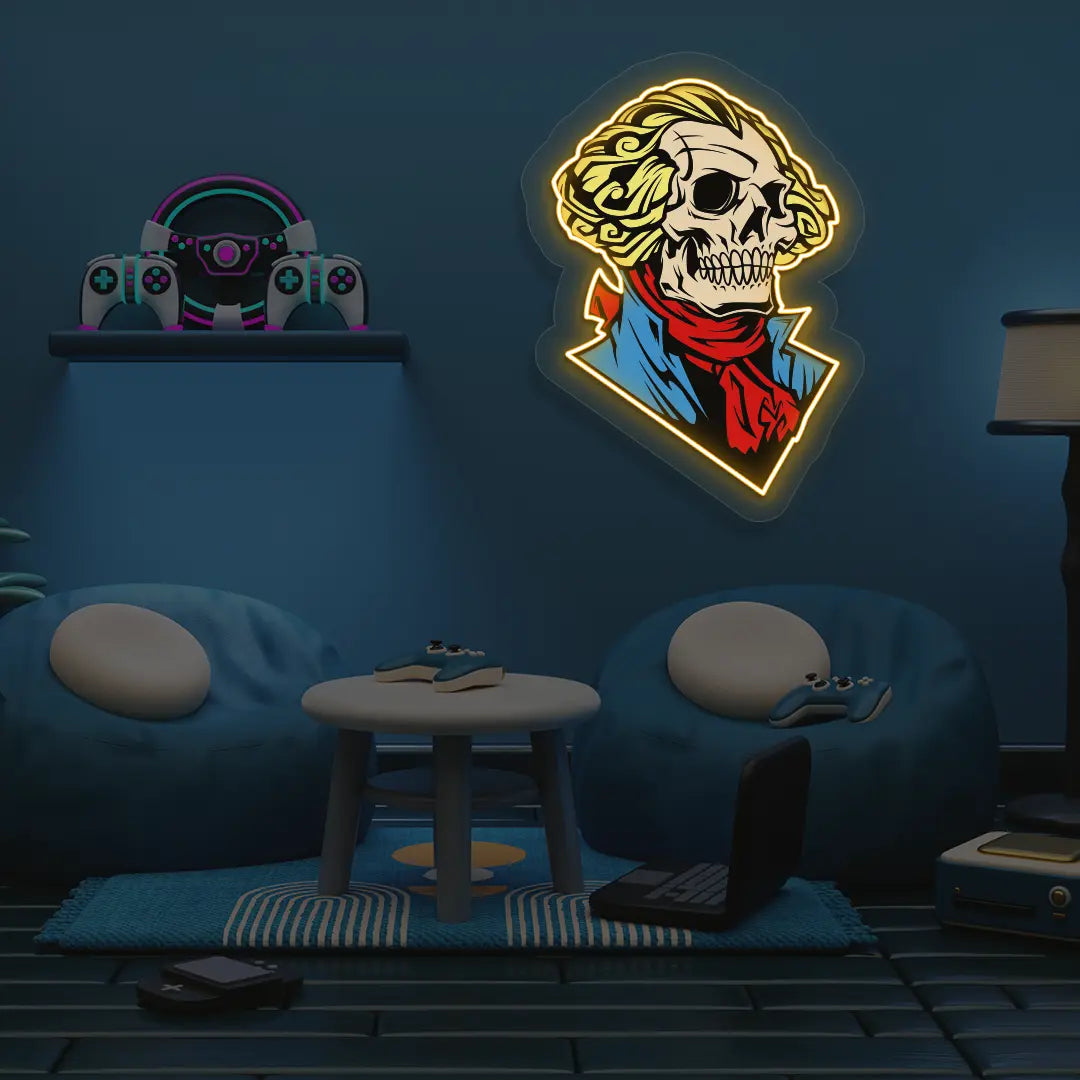 Washington Skull Neon Artwork in yellow color