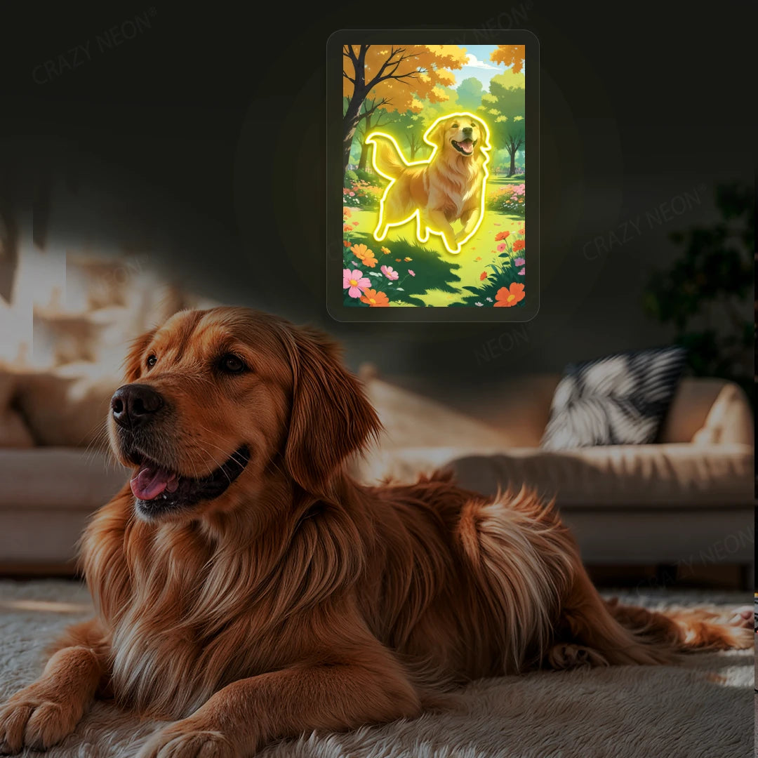 Golden Retriever Garden Portrait Neon Artwork in Yellow color