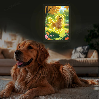 Golden Retriever Garden Portrait Neon Artwork in Yellow color