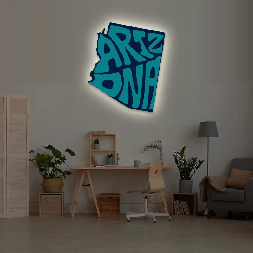 Arizona map backlit metal wall art vinyl print with warm white LED glow