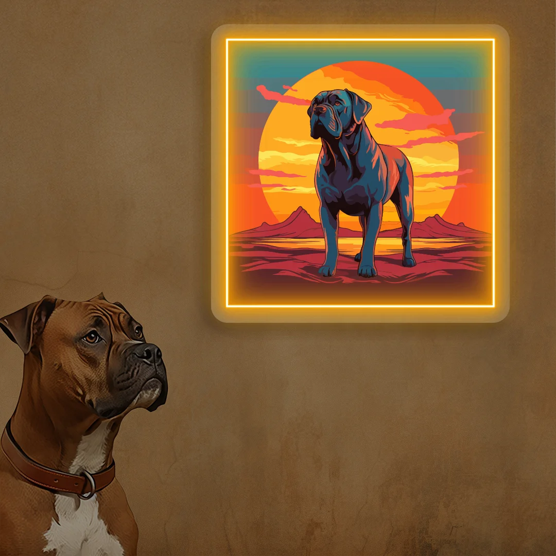 Sunset Canyon Mastiff Dog Neon Artwork in Orange Color