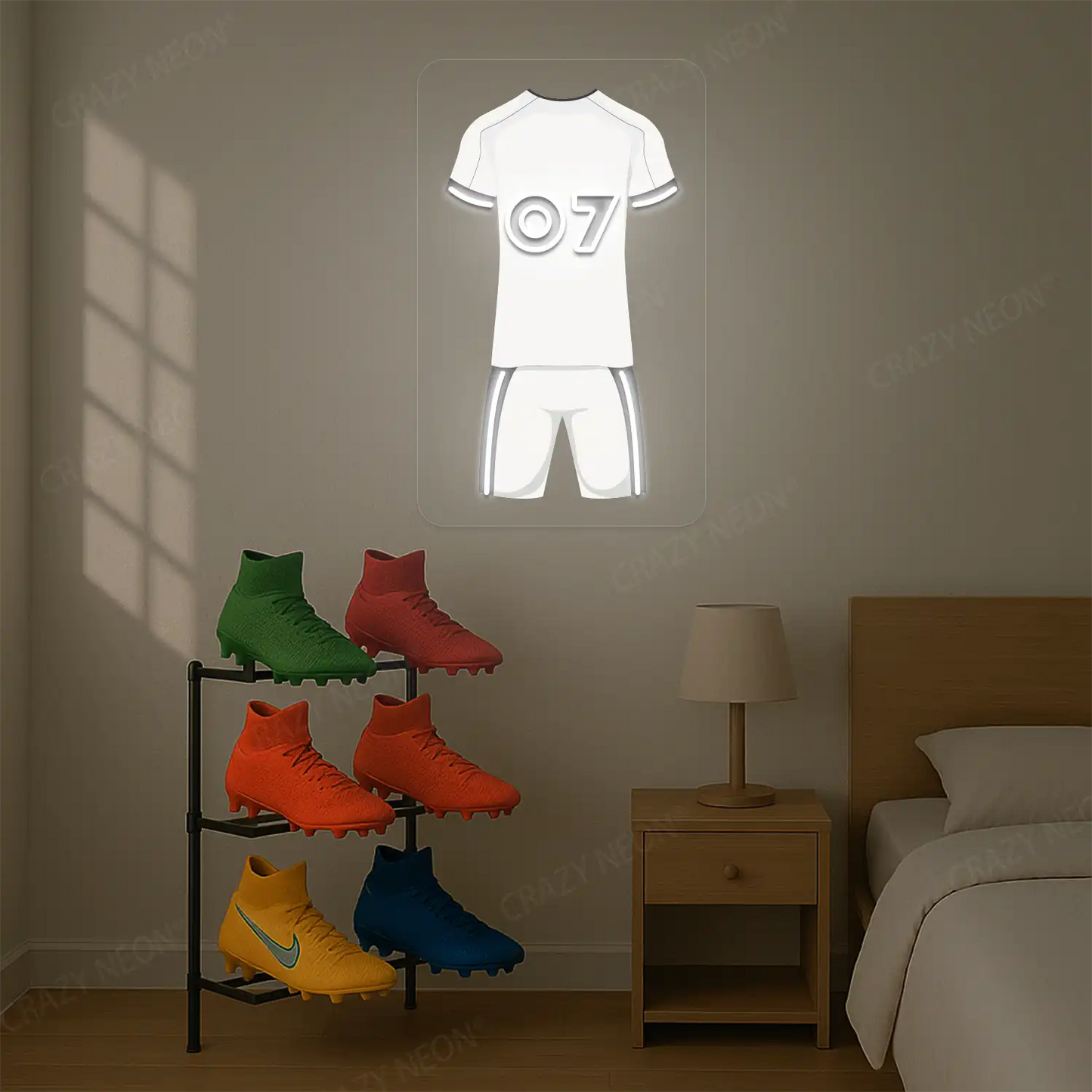 White football jersey neon artwork with number 07 glowing on a beige wall