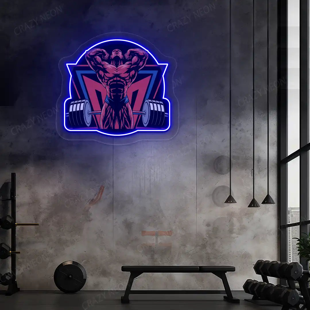 blue powerlifter era gym neon artwork mounted on a wall