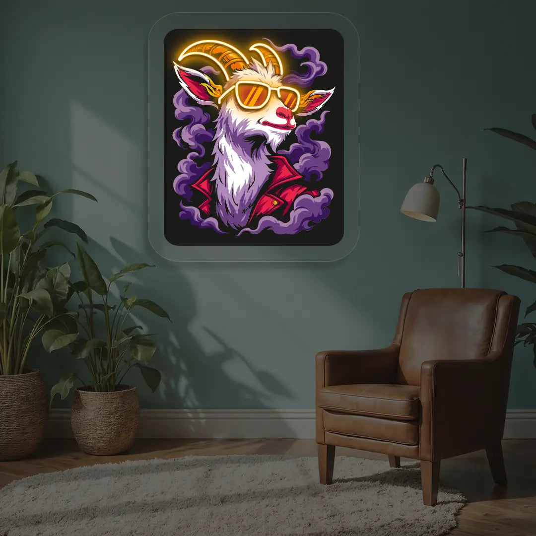 Stylish Goat with Sunglasses Neon Artwork in Orange Color