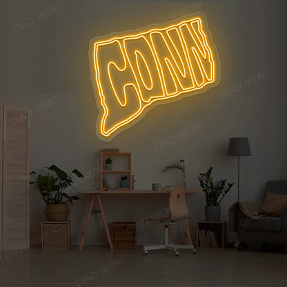 CONNECTICUT Map Neon Sign lighting up in orange color in a room
