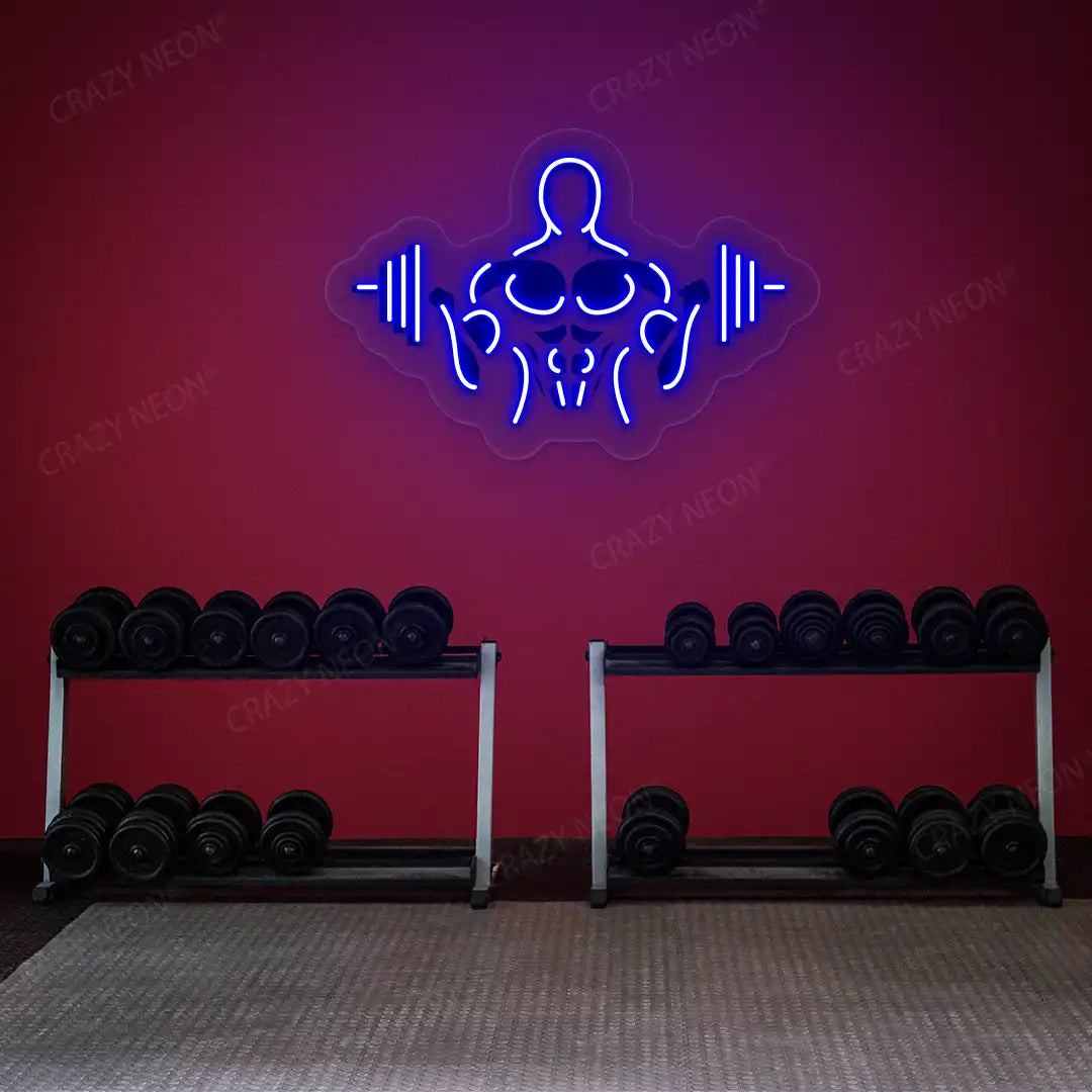 blue gymer outline neon artwork mounted on a wall