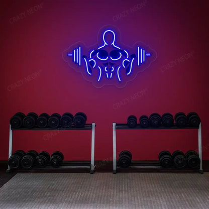blue gymer outline neon artwork mounted on a wall