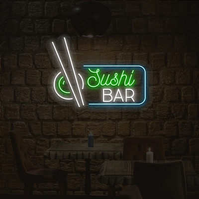 green white and ice blue sushi bar neon sign mounted on a wall