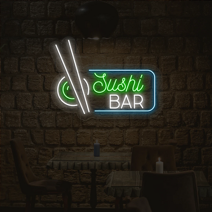 green white and ice blue sushi bar neon sign mounted on a wall