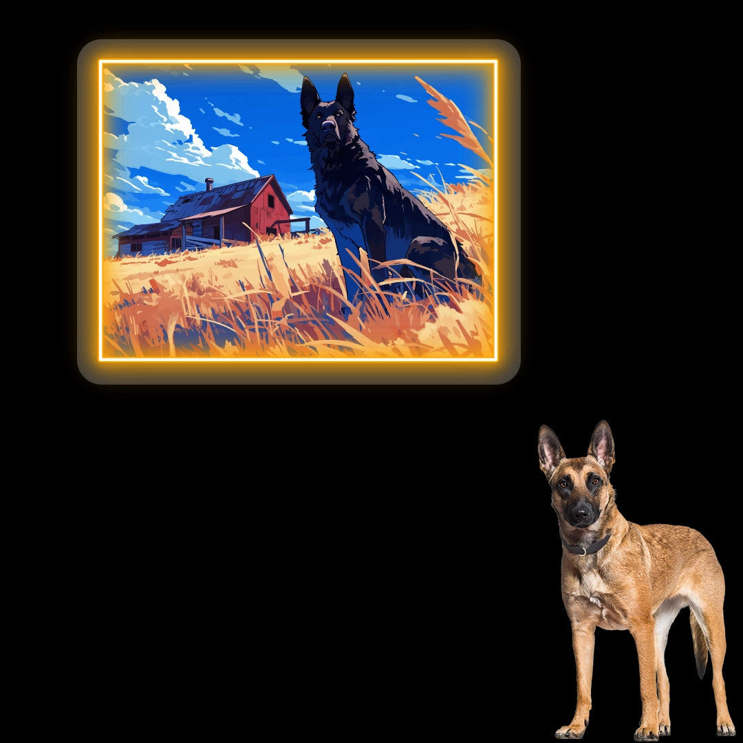 Golden Field German Shepherd Farm Neon Artwork in Orange Color