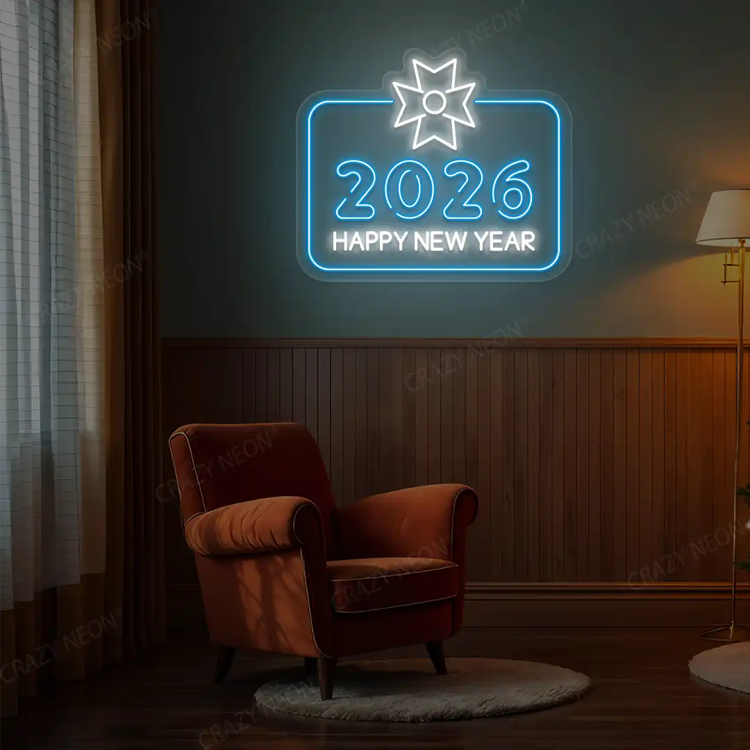 Neon wall sign that reads '2026 Happy New Year' in ice blue and white lights