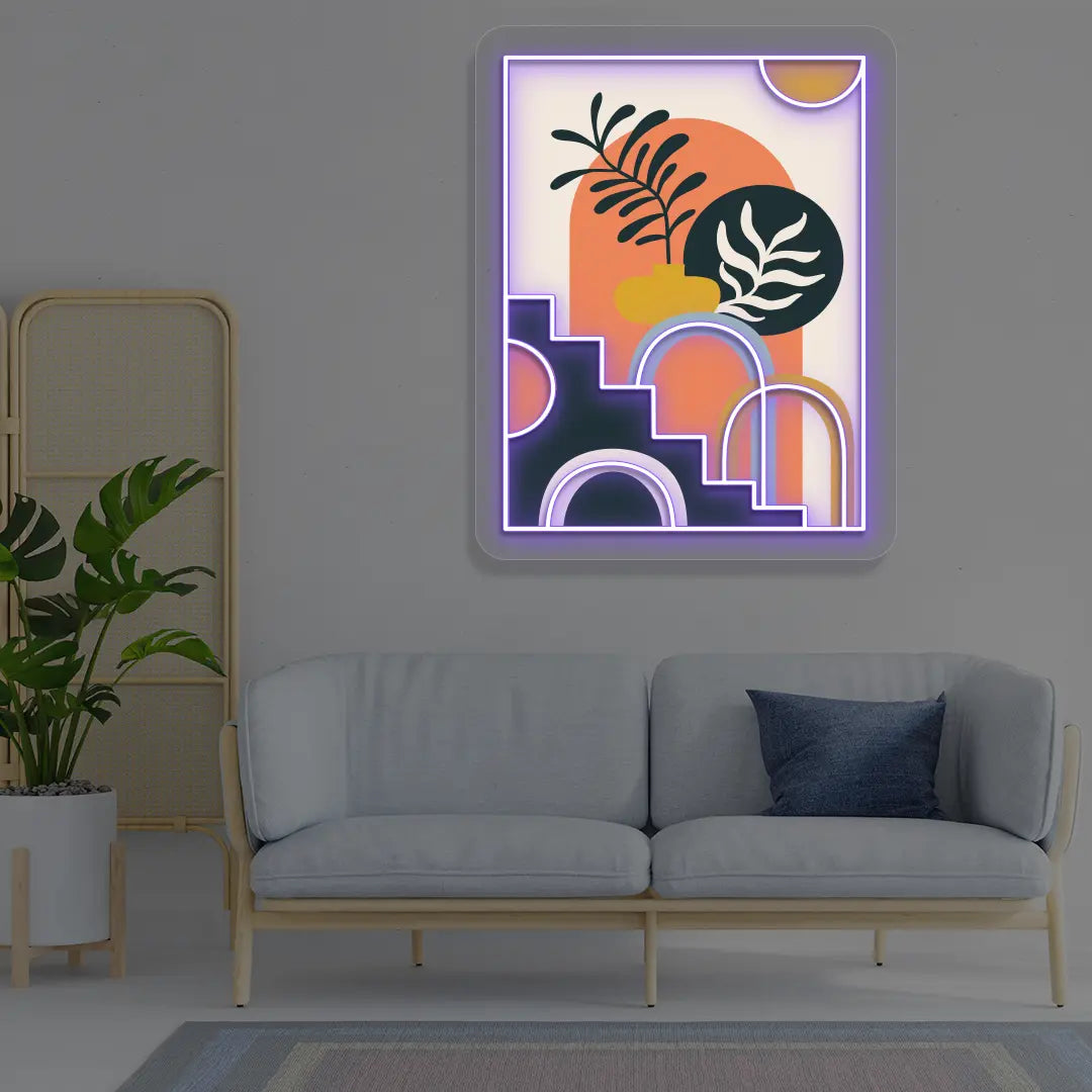 Boho Botanical Staircase Abstract Neon Artwork in purple color