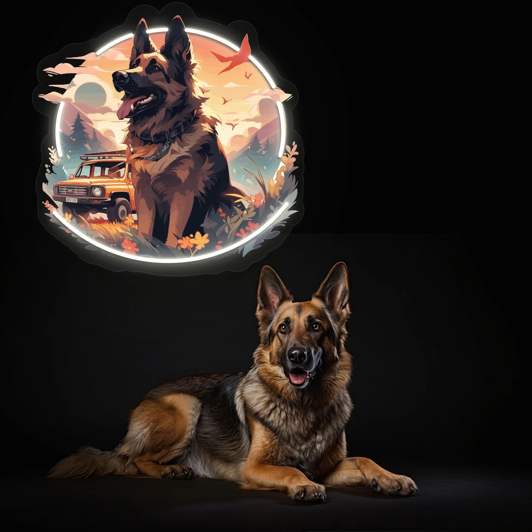 Adventure Trail German Shepherd Neon Artwork in White Color