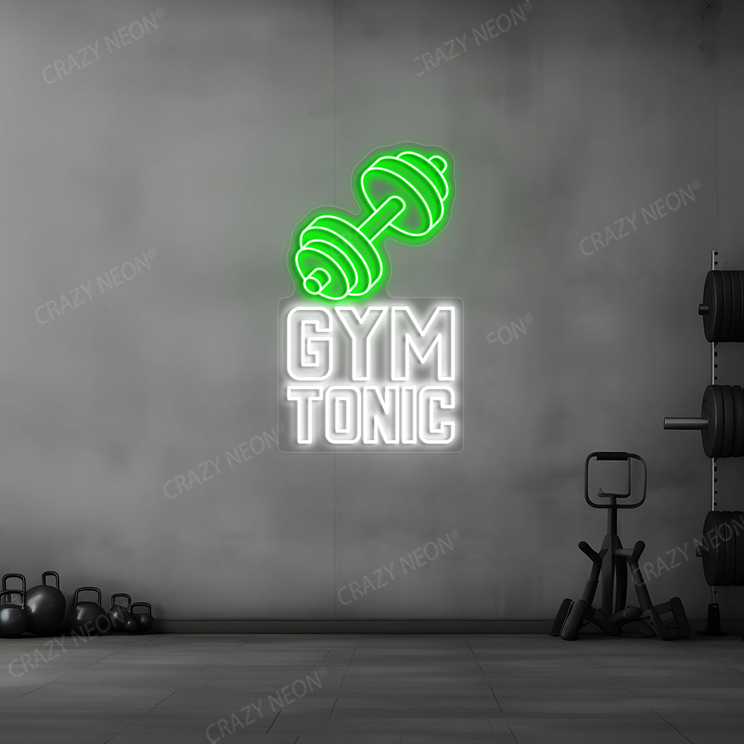green and white gym tonic barbell neon sign mounted on a wall