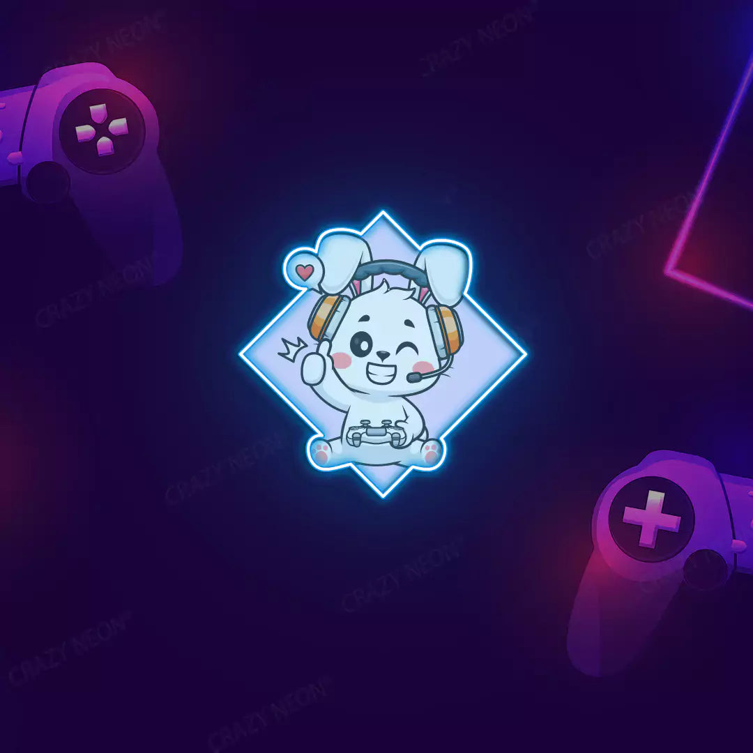 Cute Bunny Gamer Neon Artwork in Ice Blue Color.