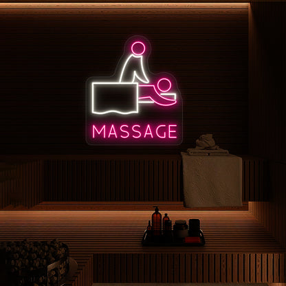 Tranquil Touch Massage neon sign glowing in white and pink colors mounted on a wooden spa wall