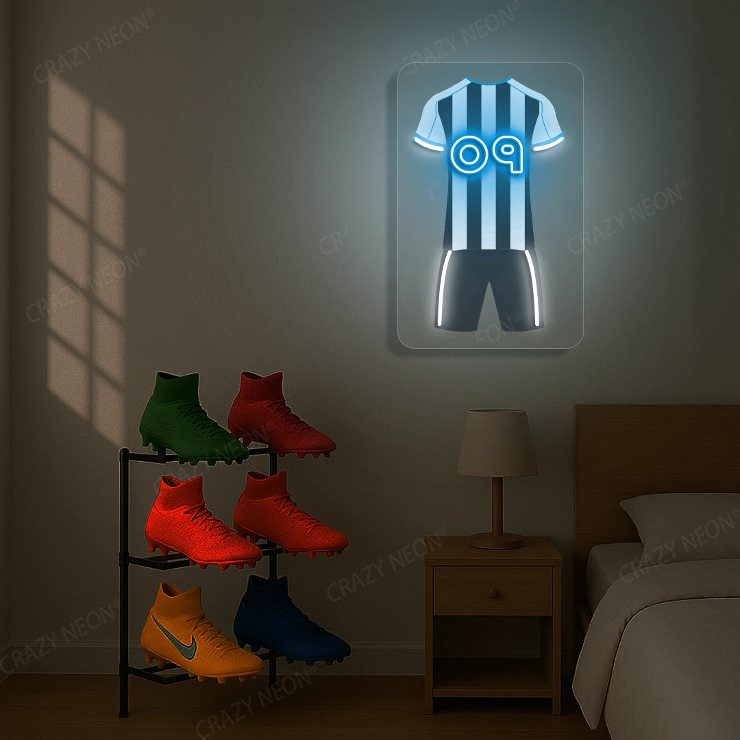 White and black striped football jersey neon artwork with number 09 glowing on a beige wall