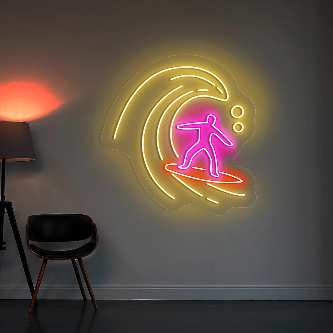 yellow pink and red minimalist surfer neon sign mounted on a wall