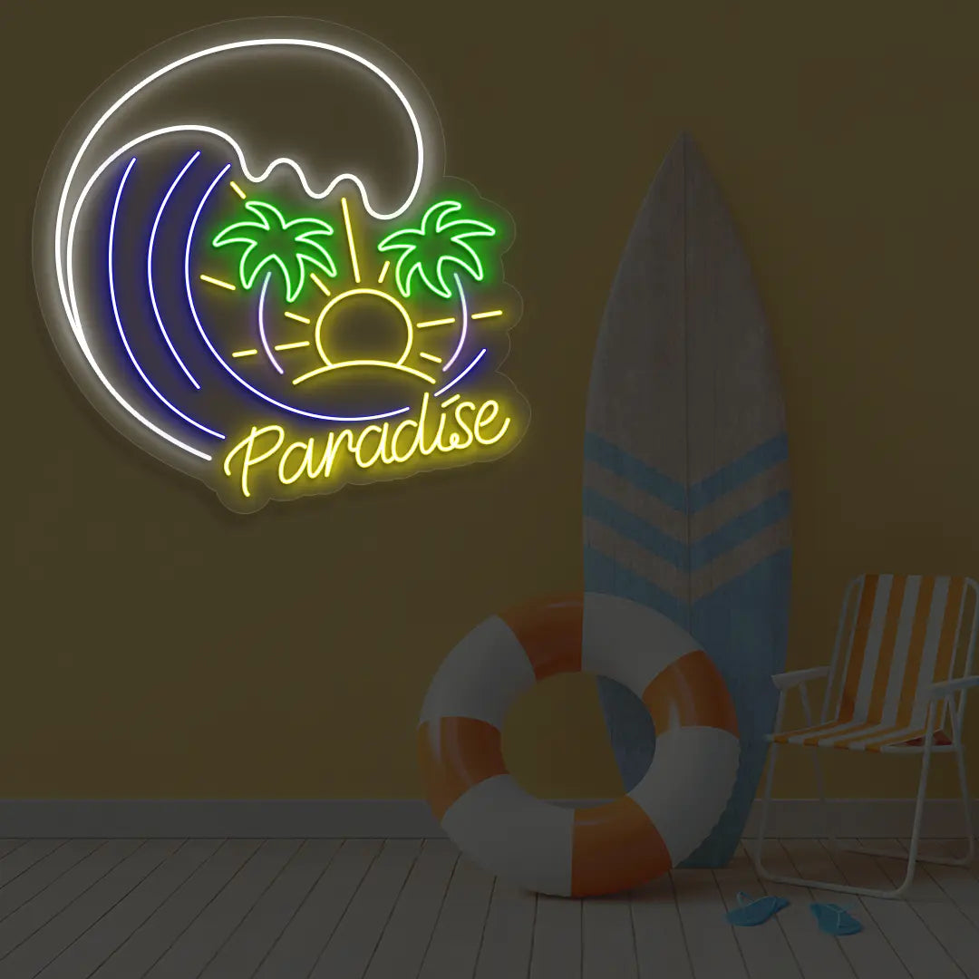 Paradise Beach Neon Sign in Blue color