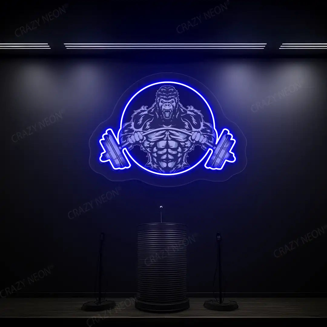 blue roaring gorilla gym neon artwork mounted on a wall