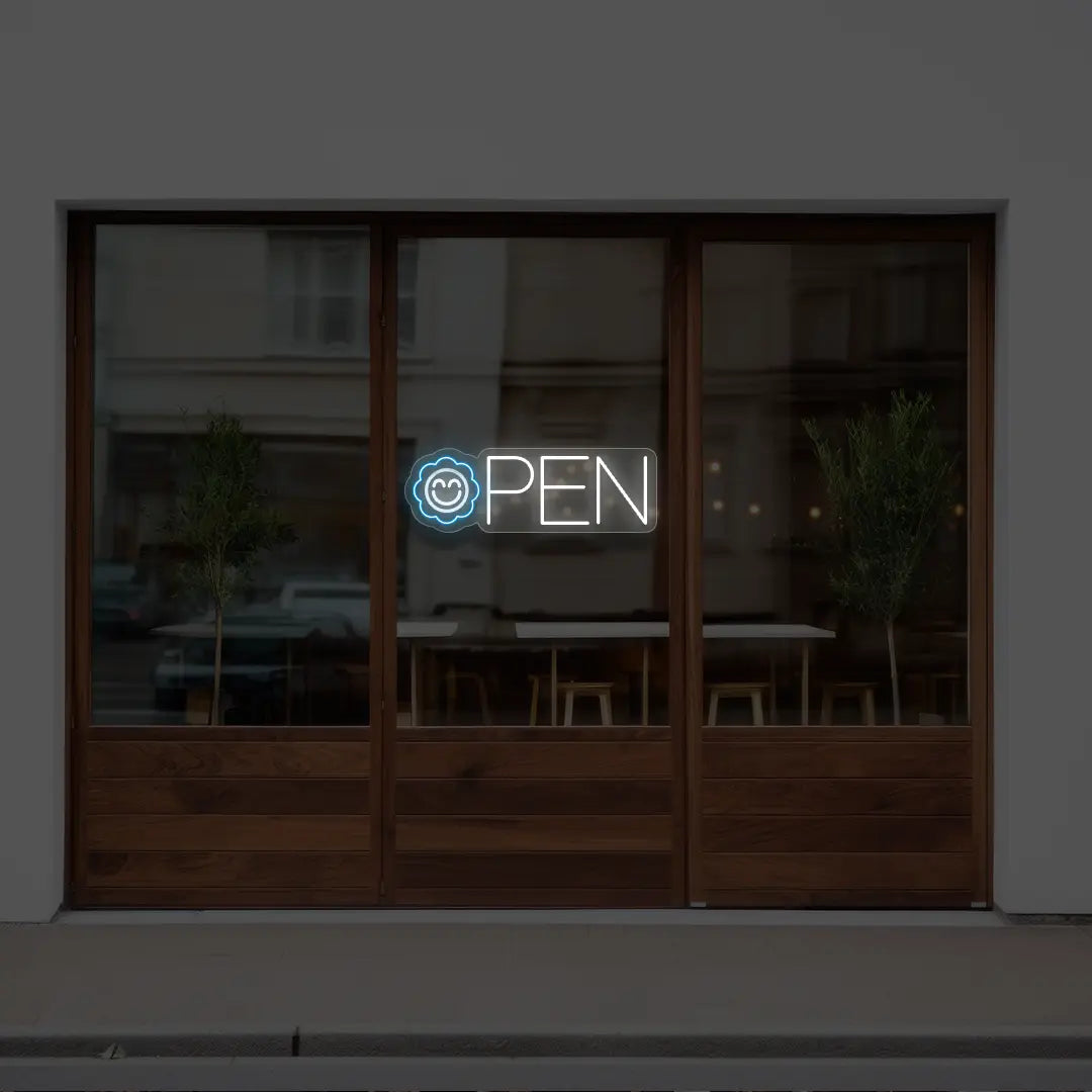 ice blue flower open neon sign hanging on a window