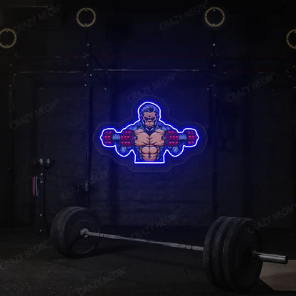 blue monkey workout gym neon artwork mounted on a wall