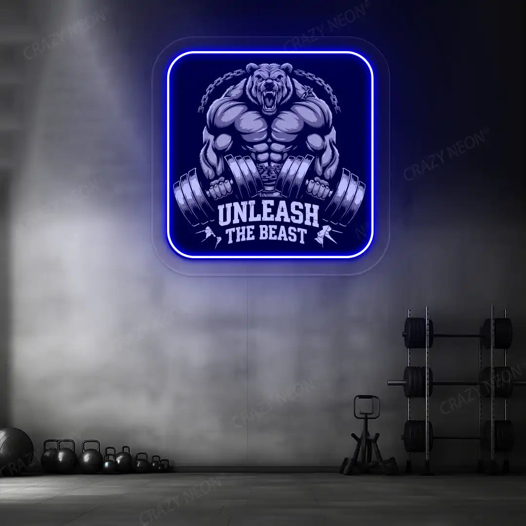 blue unleash the beast bear neon artwork mounted on a wall