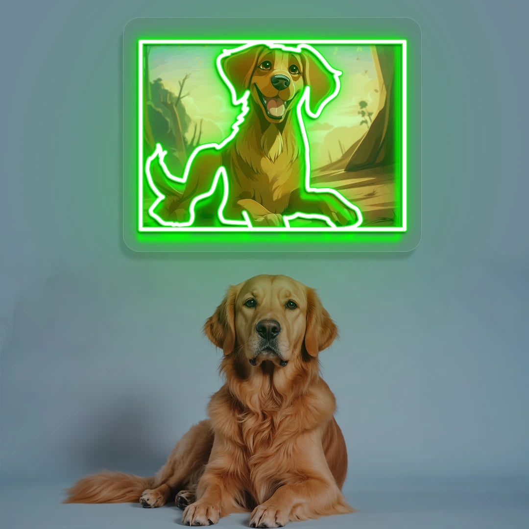 Golden Retriever Portrait Neon Artwork in green color