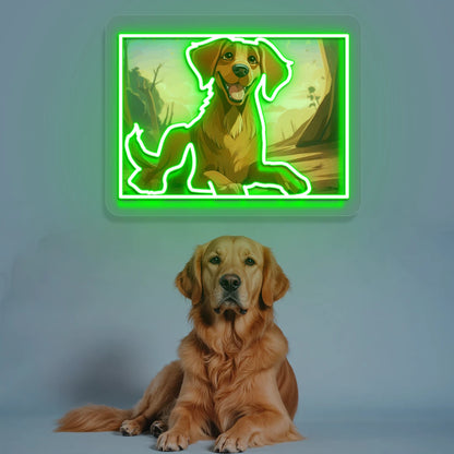 Golden Retriever Portrait Neon Artwork in green color