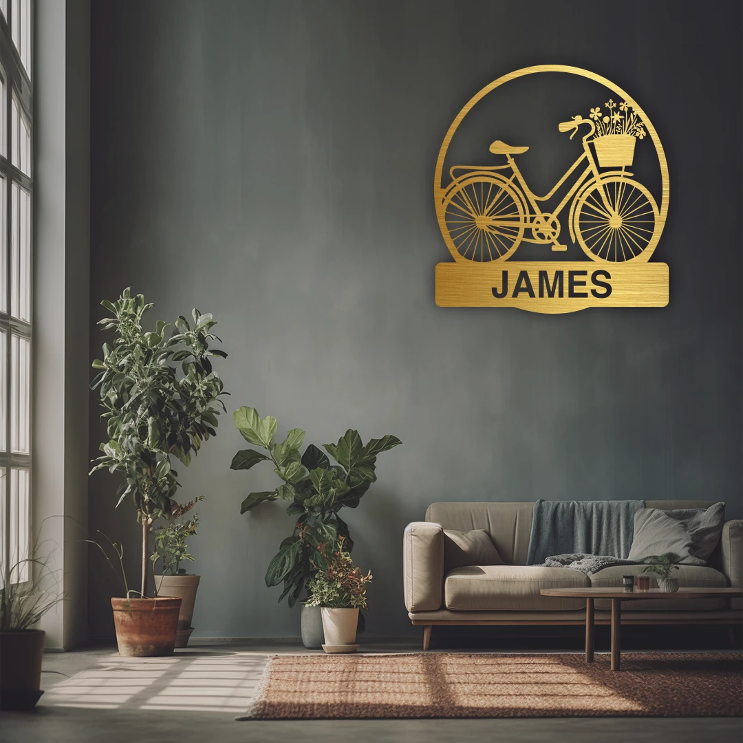 Floral Bicycle Name Custom Metal Monogram in Golden finish